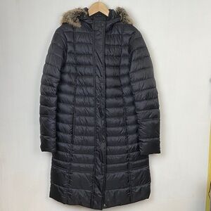 Barbour 8 Fortrose Quilt Black Puffer Coat Faux-Fur Trim Hood Fiber Down